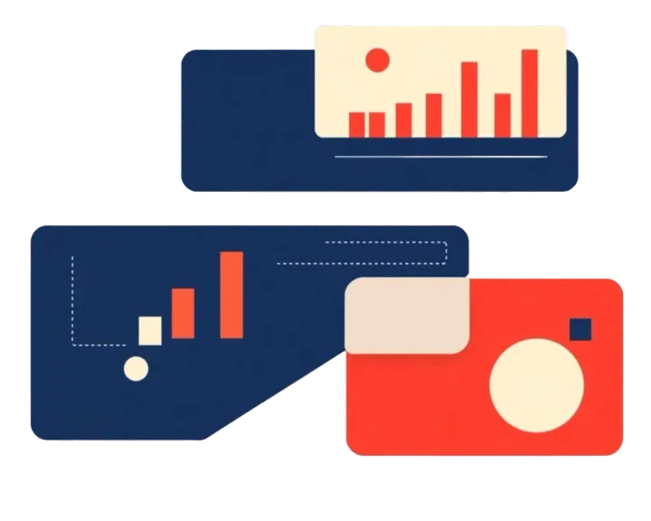 Abstract illustration of layered product UI panels, charts, dashboards, and devices